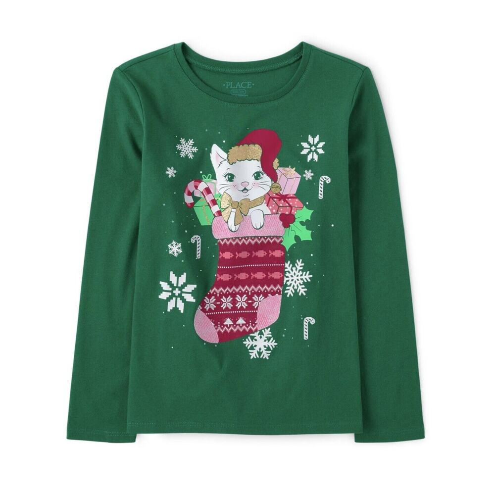 Girls Cat Stocking Graphic Tee - Park Bench Green